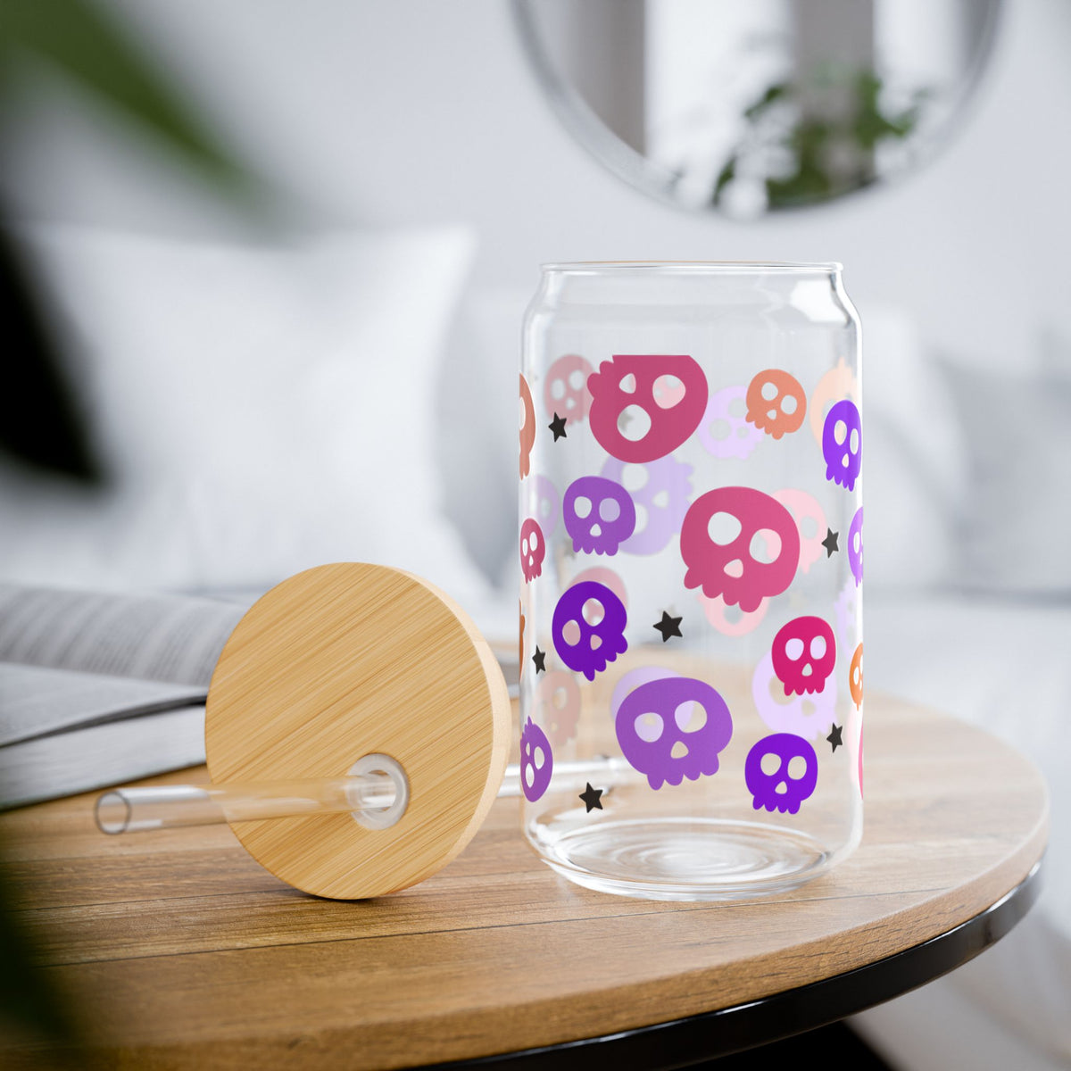 Spooky Bright Skulls Halloween Sipper Glass 16oz Reusable Drink Jar with Lid & Straw