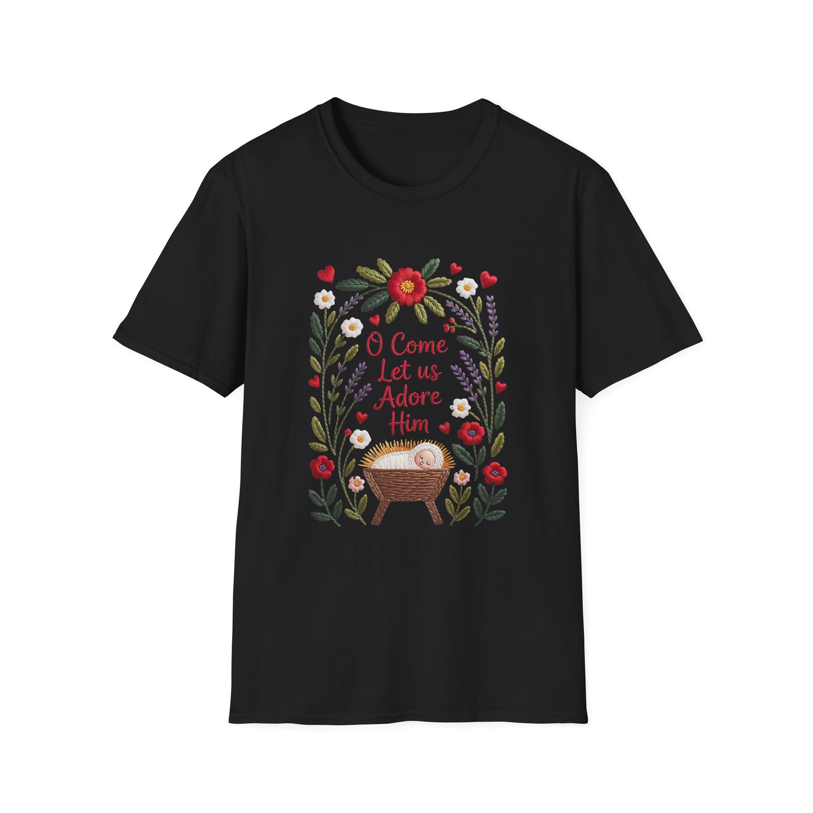 O Come Let Us Adore Him Christmas Tee Faux Embroidery Christian T-Shirt