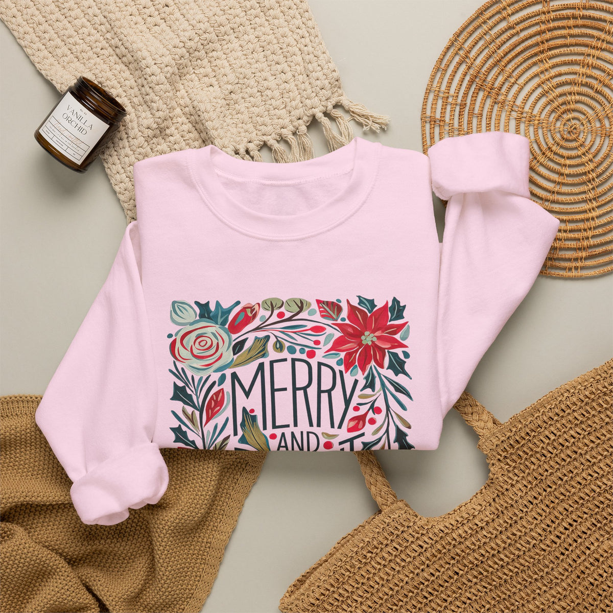 Merry & Bright Christmas Florals Crewneck Unisex Sweatshirt