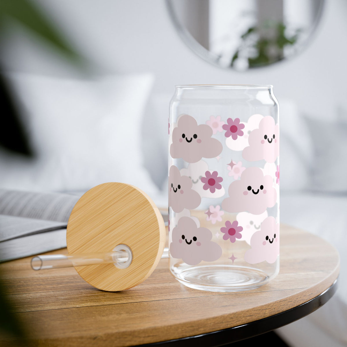 Happy Cloud Pink Tumbler Sipper Glass 16oz — Reusable Drink Jar with Lid & Straw