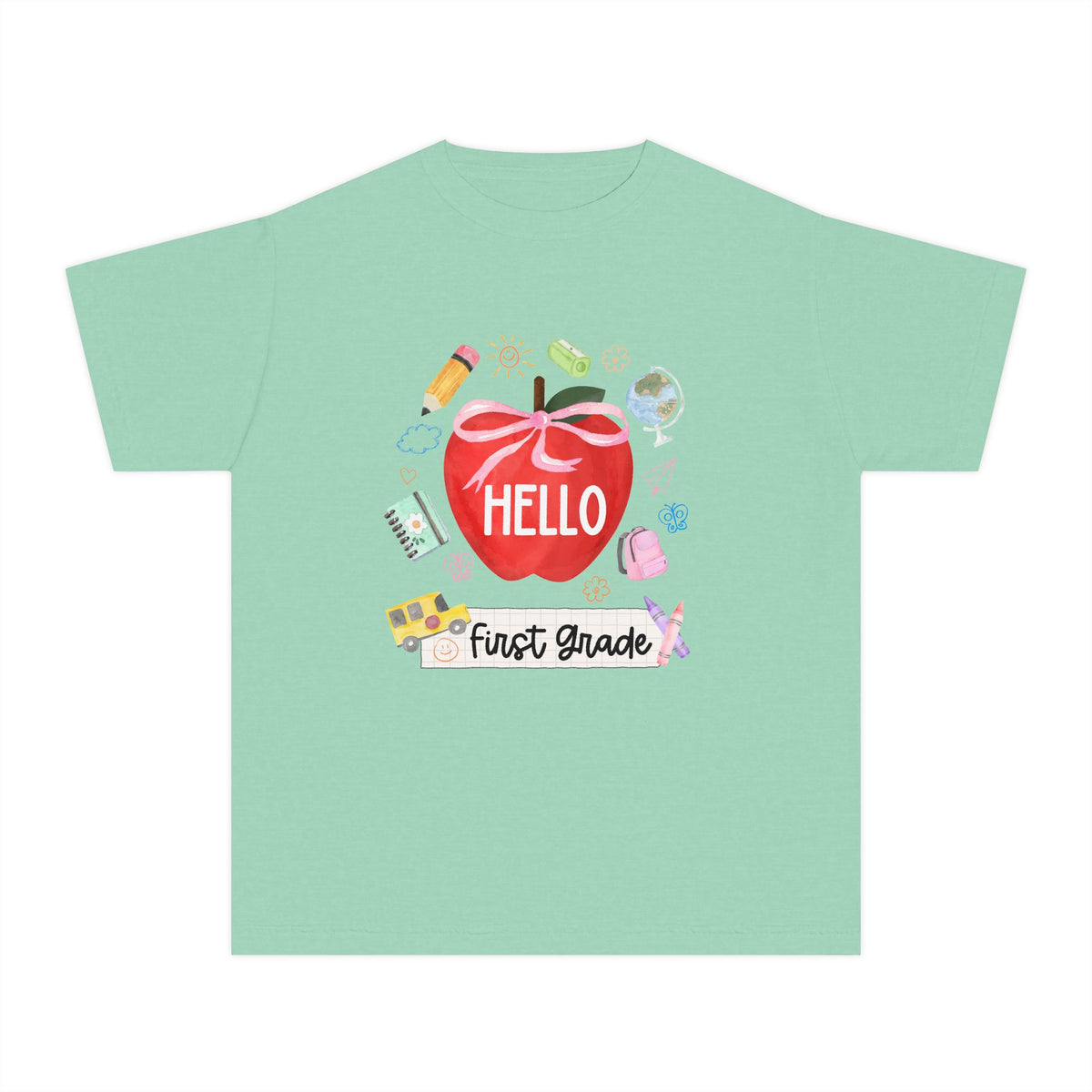 Hello First Grade Preppy Coquette Apple Graphic Tee Back to School 1st Grade T-Shirt