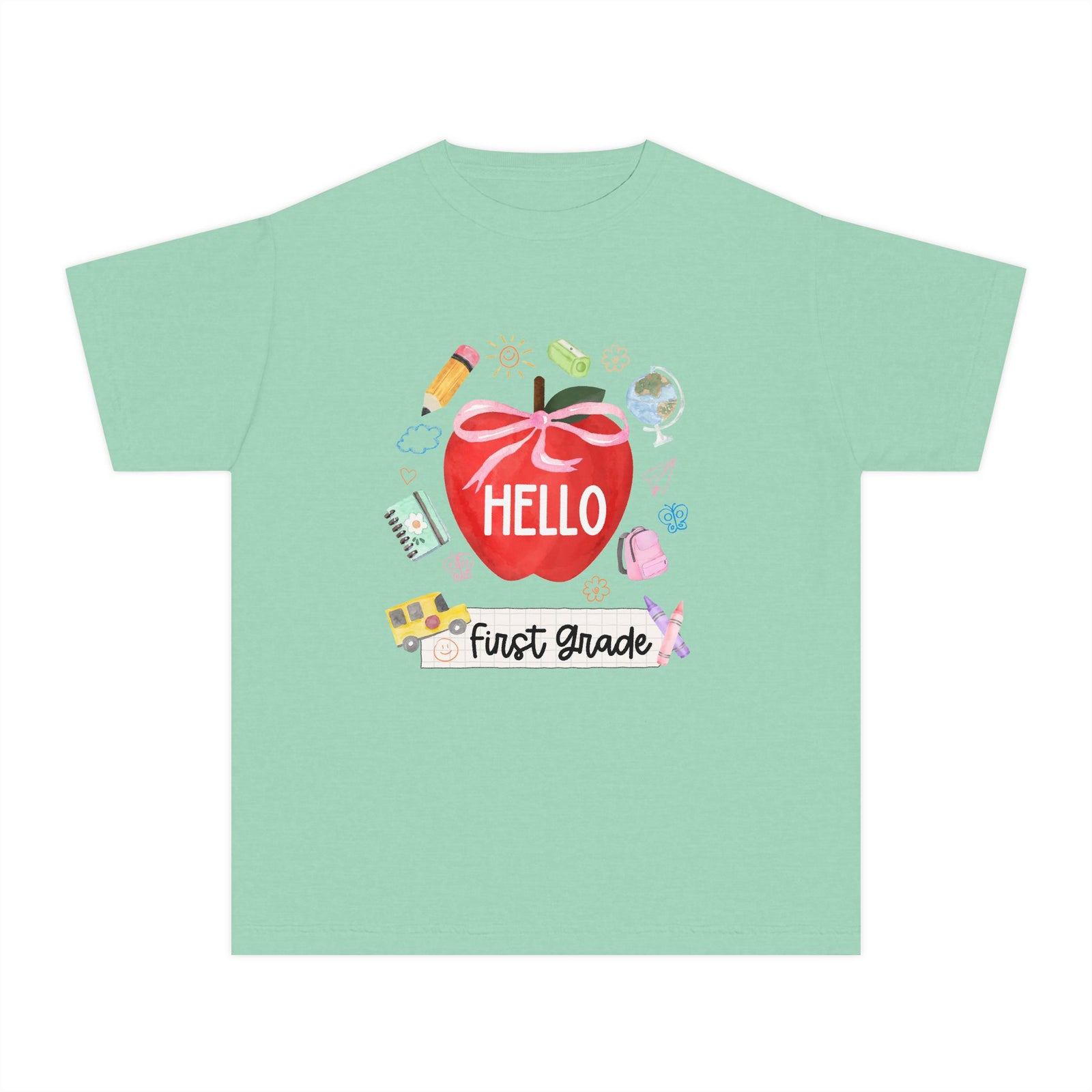 Hello First Grade Preppy Coquette Apple Graphic Tee Back to School 1st Grade T-Shirt