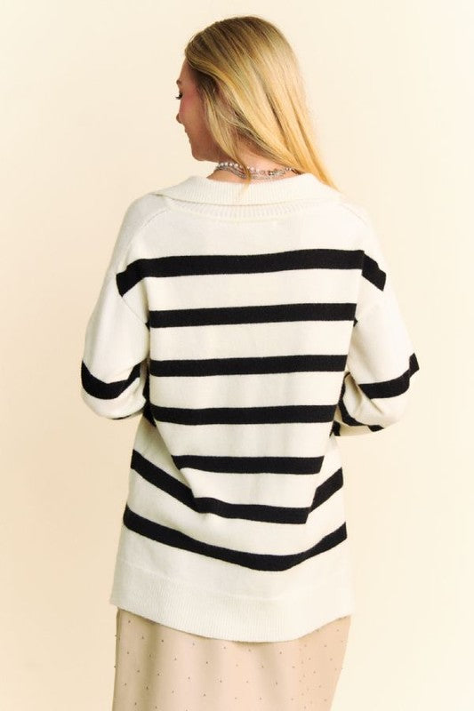 Davi & Dani High-Low Side Slit Striped Johnny Collar Sweater - Sydney So Sweet