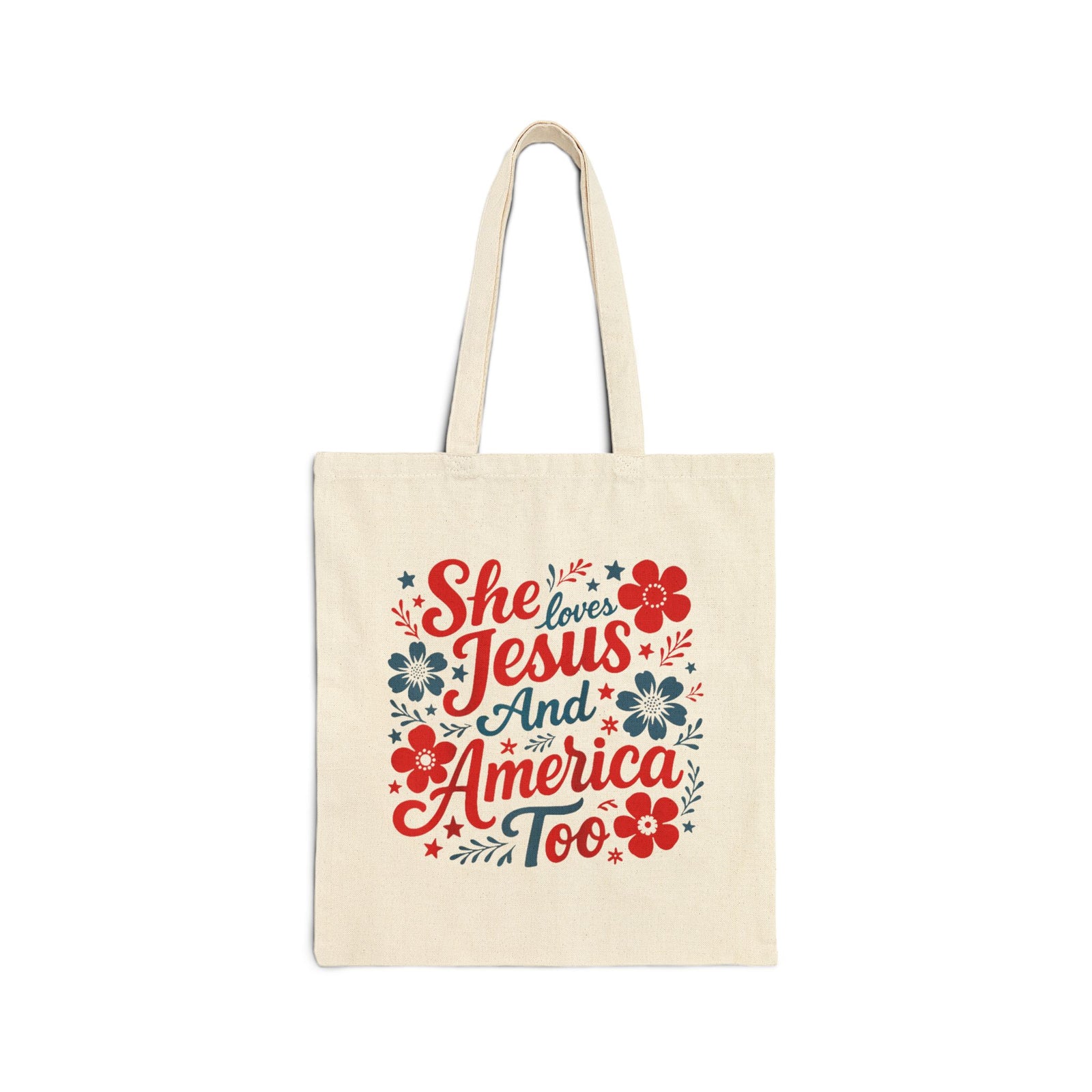 She Loves Jesus and America Too Patriotic Floral Cotton Canvas Tote Bag