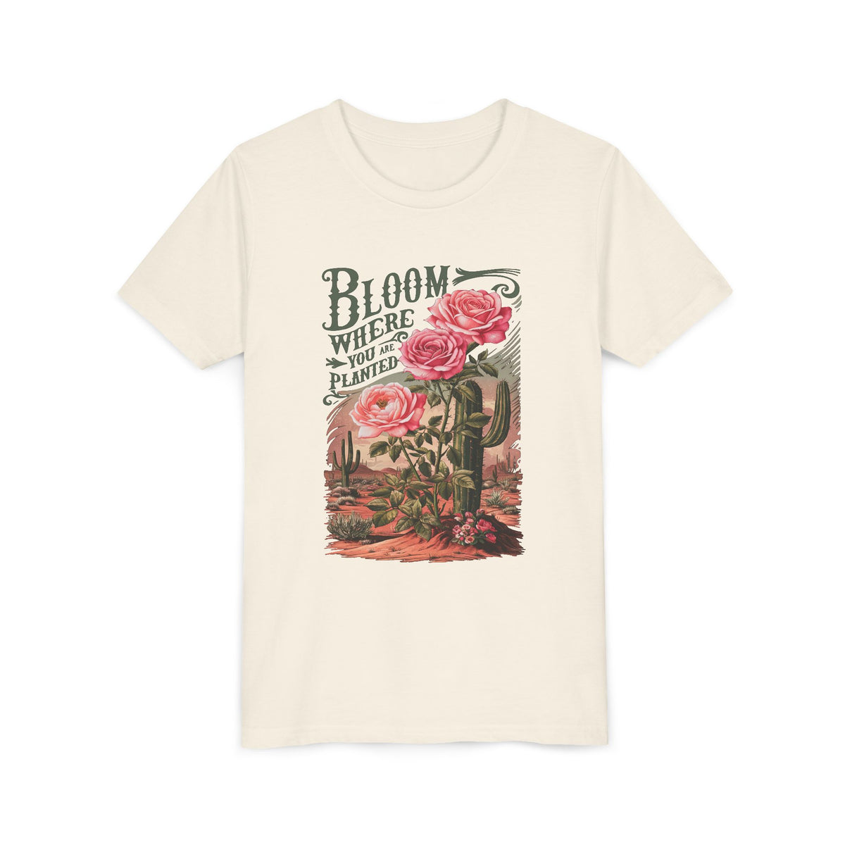 Bloom Where You are Planted Kids T-Shirt Western Rose Cactus Graphic Tee