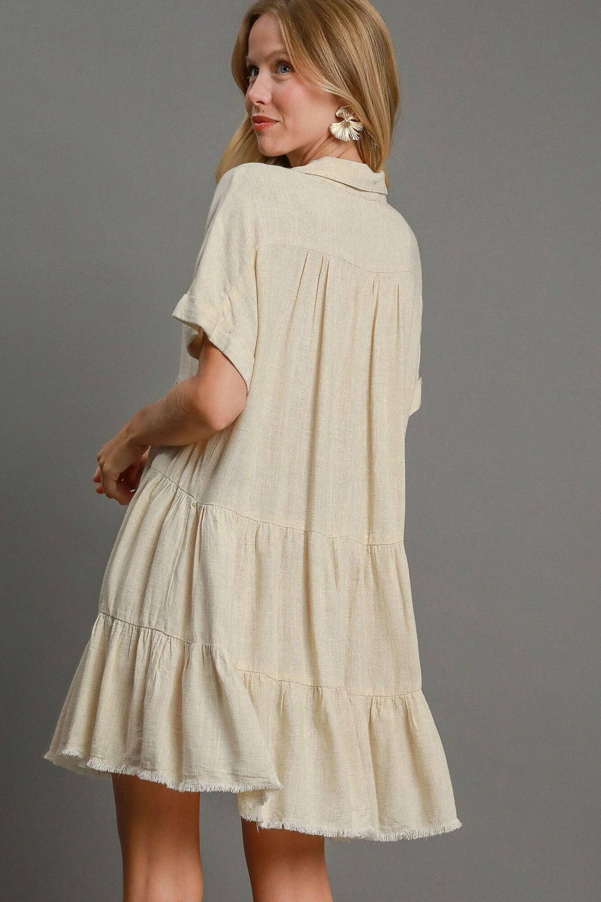 Umgee Full Size Raw Hem Folded Sleeve Tiered Dress Plus Size - Sydney So Sweet
