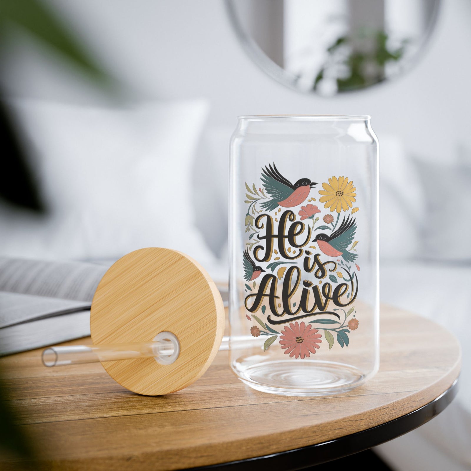 He Is Alive Floral Birds Christian Sipper Glass 16oz Reusable Drink Jar with Lid & Straw