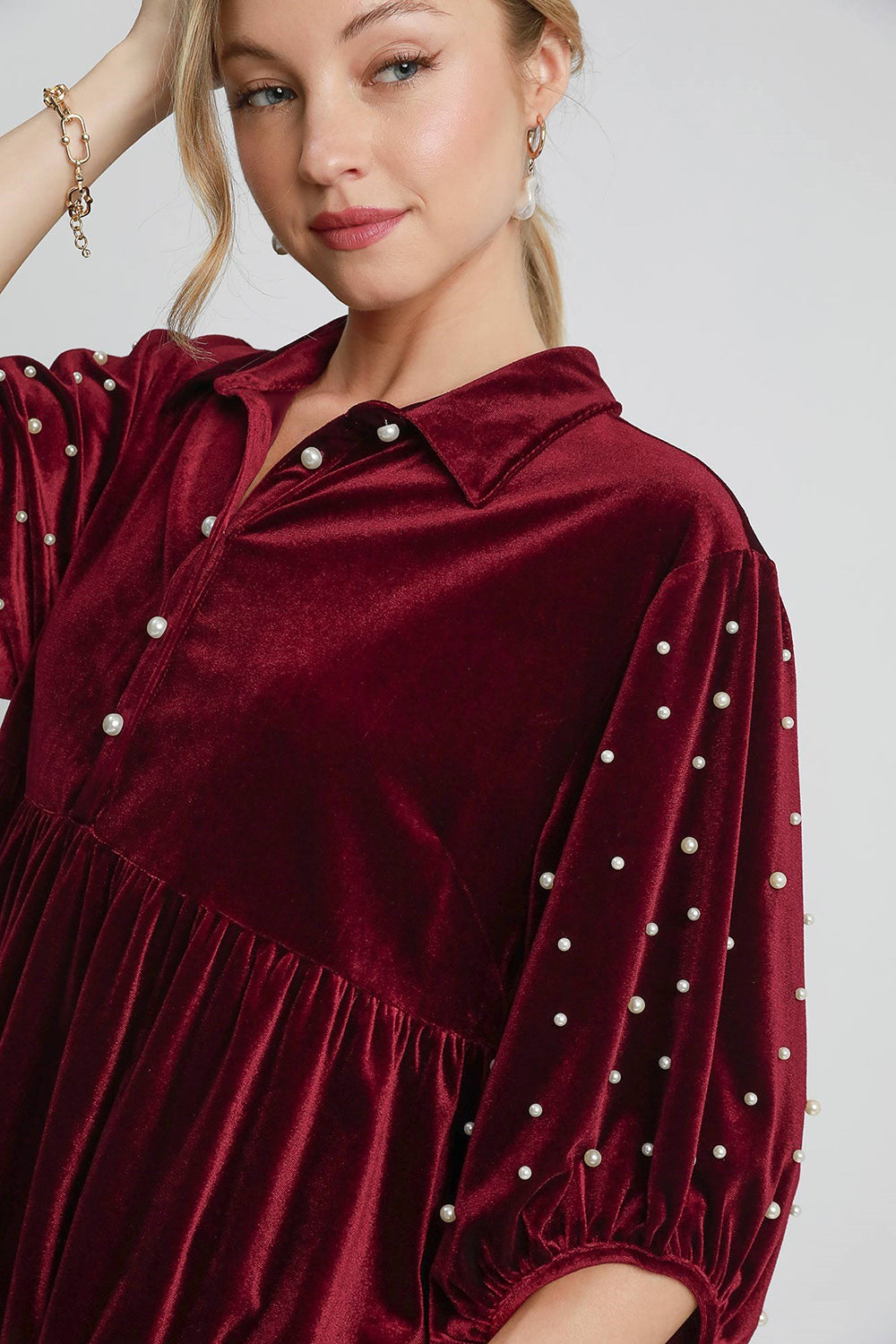 Umgee Pearl Detail Collared Neck Velvet Babydoll Blouse - Sydney So Sweet