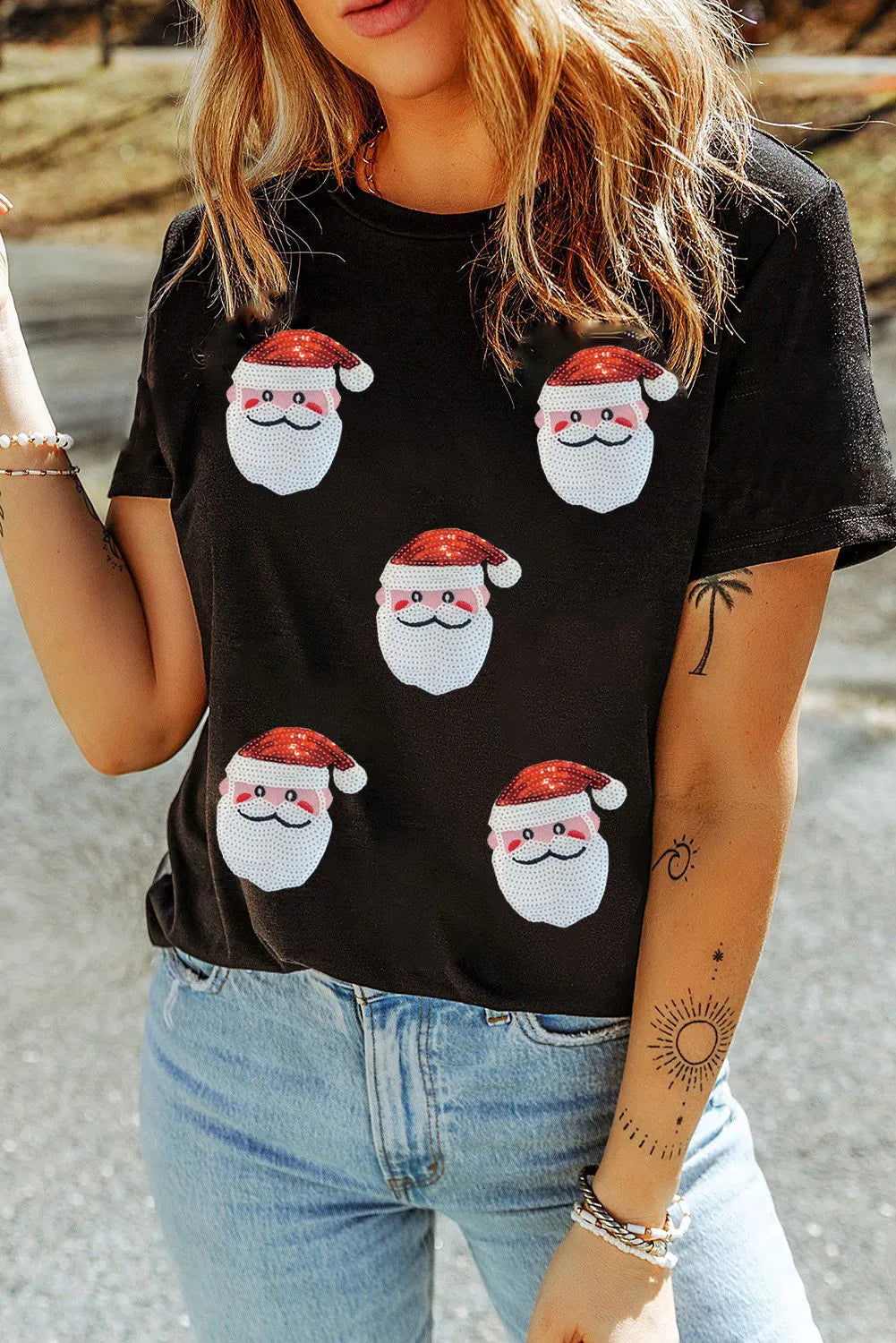 Sequin Santa Round Neck Short Sleeve T-Shirt - Sydney So Sweet