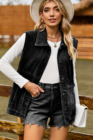 Sleeveless Collared Neck Denim Top with Pockets - Sydney So Sweet