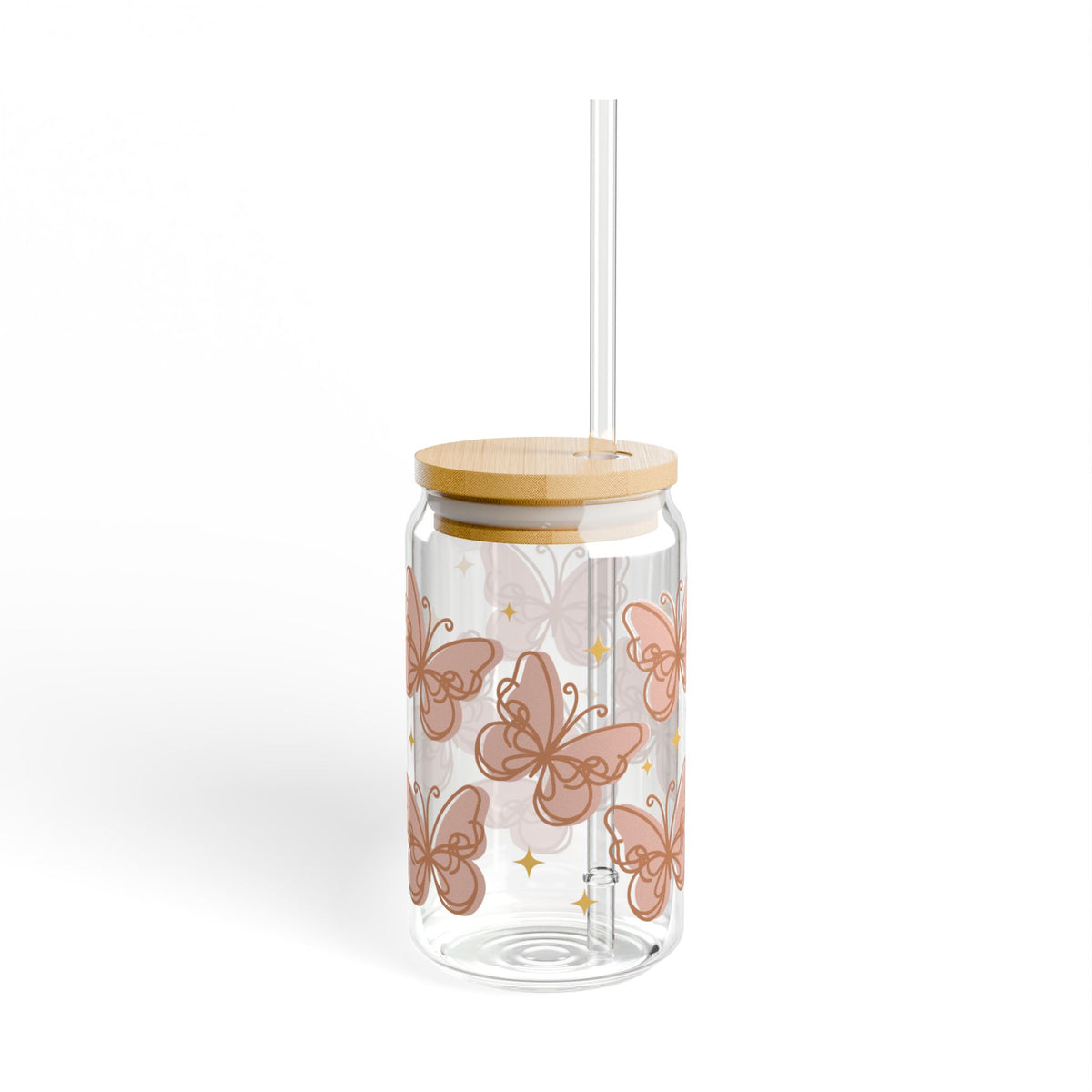 Peachy Butterfly Tumbler Sipper Glass 16oz — Reusable Drink Jar with Lid & Straw