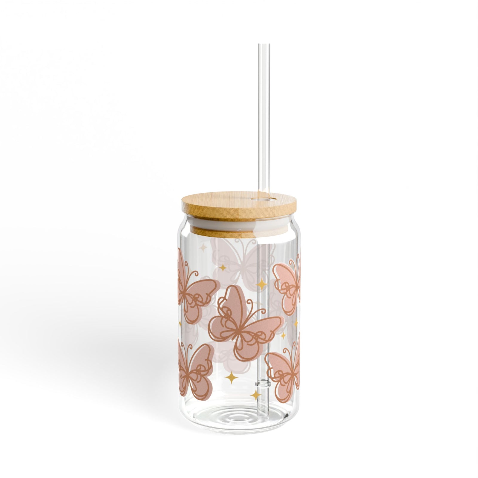 Peachy Butterfly Tumbler Sipper Glass 16oz — Reusable Drink Jar with Lid & Straw