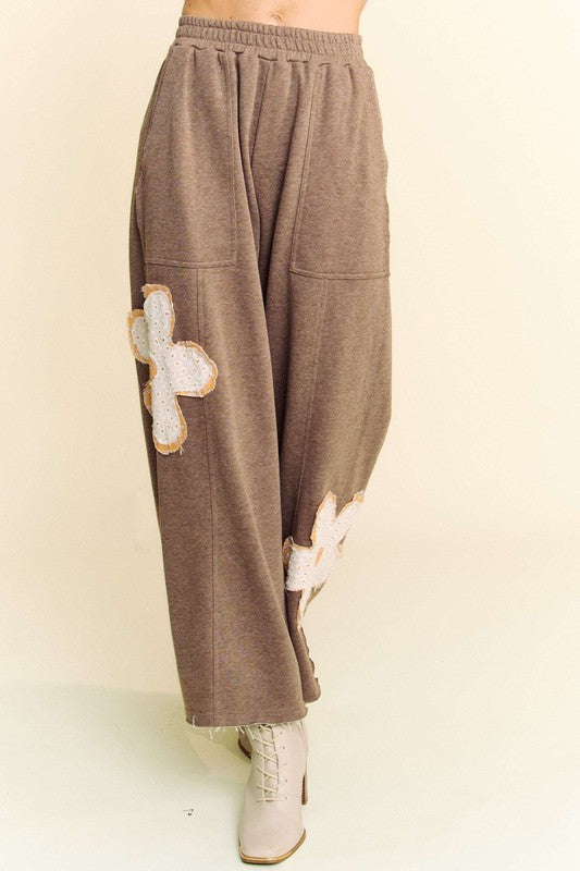 Davi & Dani Flower Patch Elastic Waist Wide Leg Pants - Sydney So Sweet