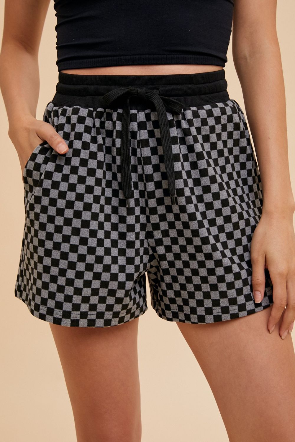 Annie Wear Checkered Round Neck Top and Drawstring Shorts Set - Sydney So Sweet