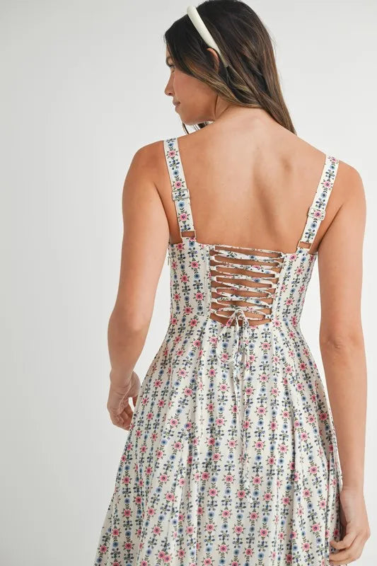 MABLE Floral Print Bustier Back Lace Up Midi Dress - Sydney So Sweet