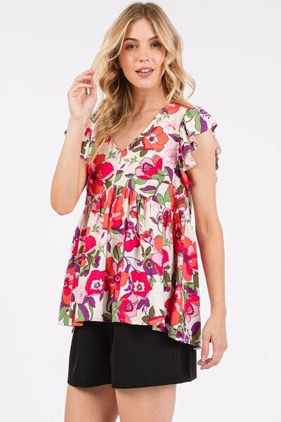 Mittoshop Floral V-Neck Ruffled Cap Sleeve Blouse - Sydney So Sweet