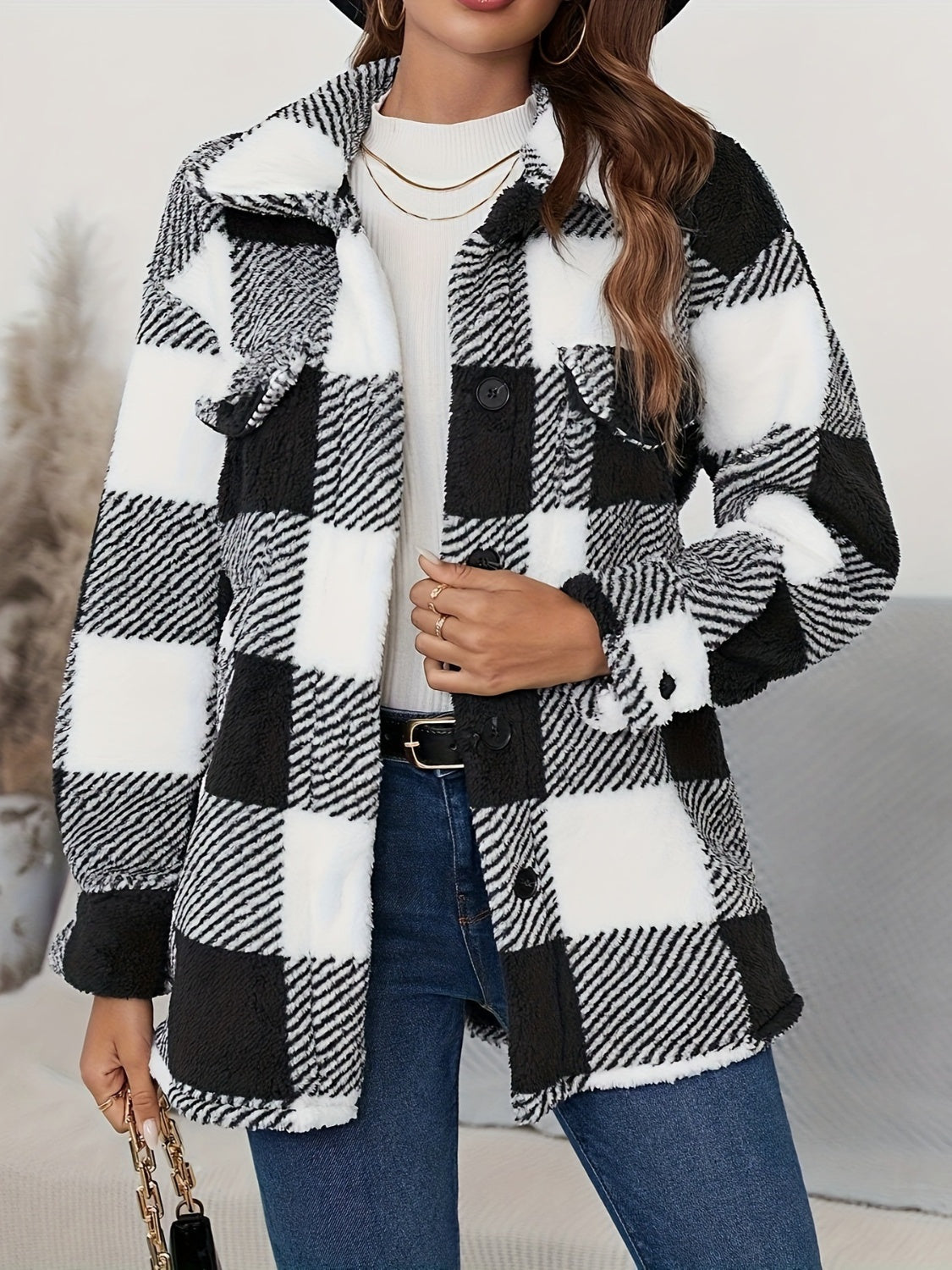 Plaid Button Up Long Sleeve Fuzzy Jacket - Sydney So Sweet