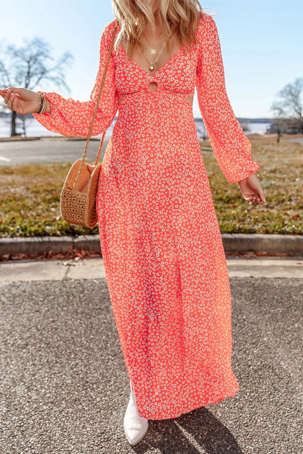 Printed V-Neck Long Sleeve Midi Dress - Sydney So Sweet