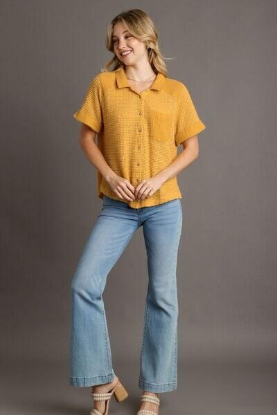 Umgee Full Size Waffle-Knit Short Sleeve Button Down Shirt Plus Size - Sydney So Sweet