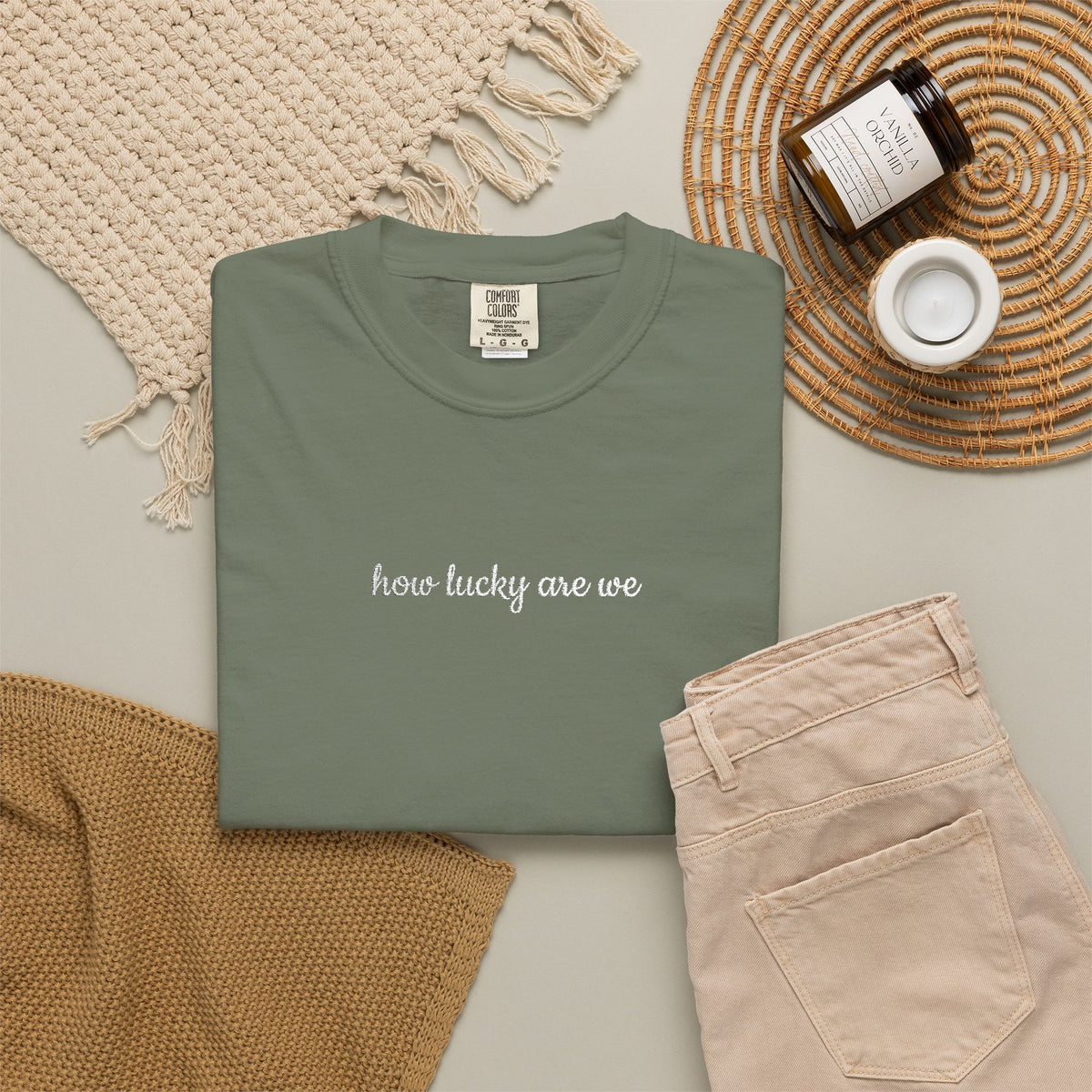 How Lucky are We Embroidered Script Tee Positivity T-Shirt
