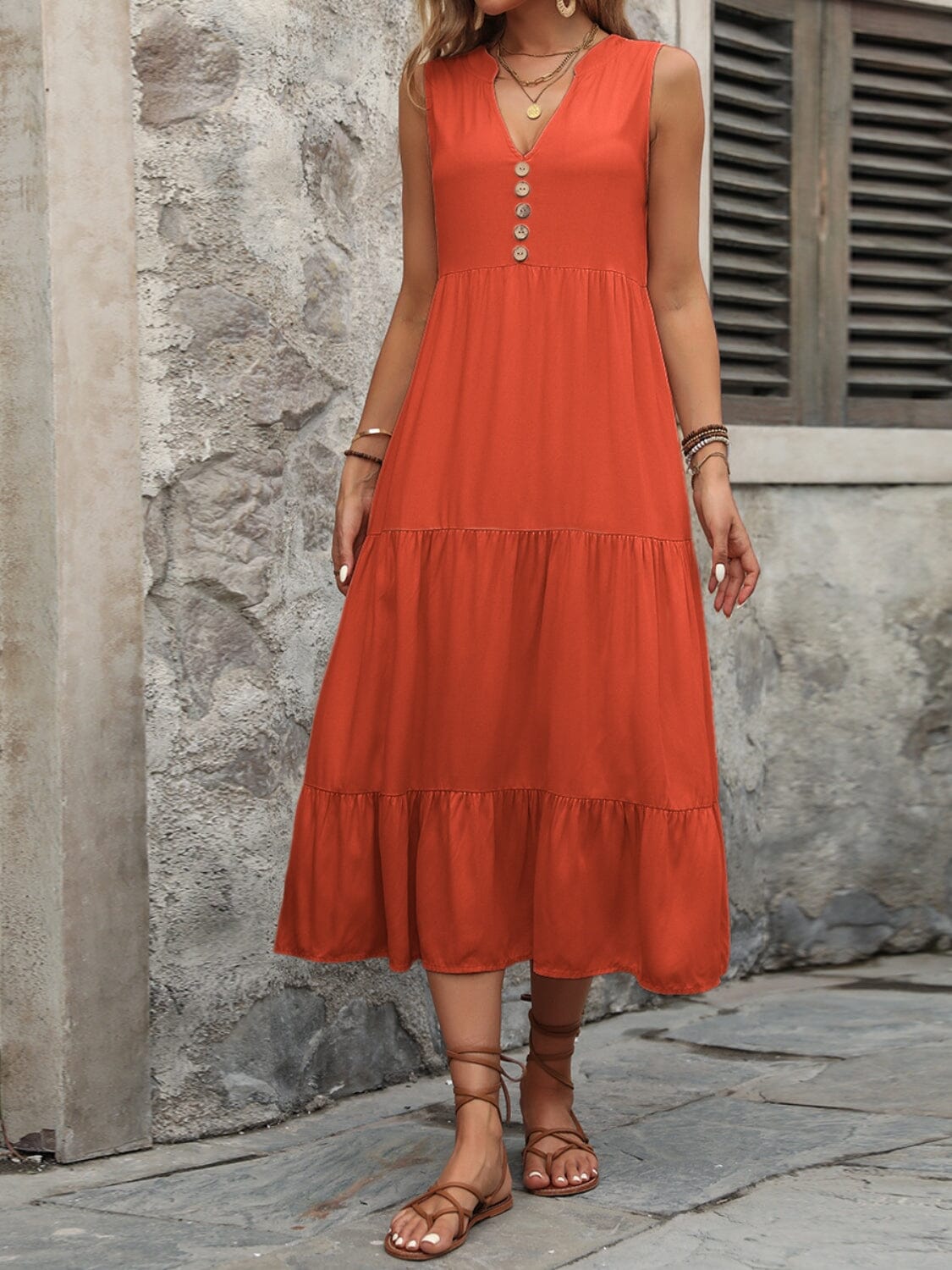 Decorative Button Notched Sleeveless Dress - Sydney So Sweet