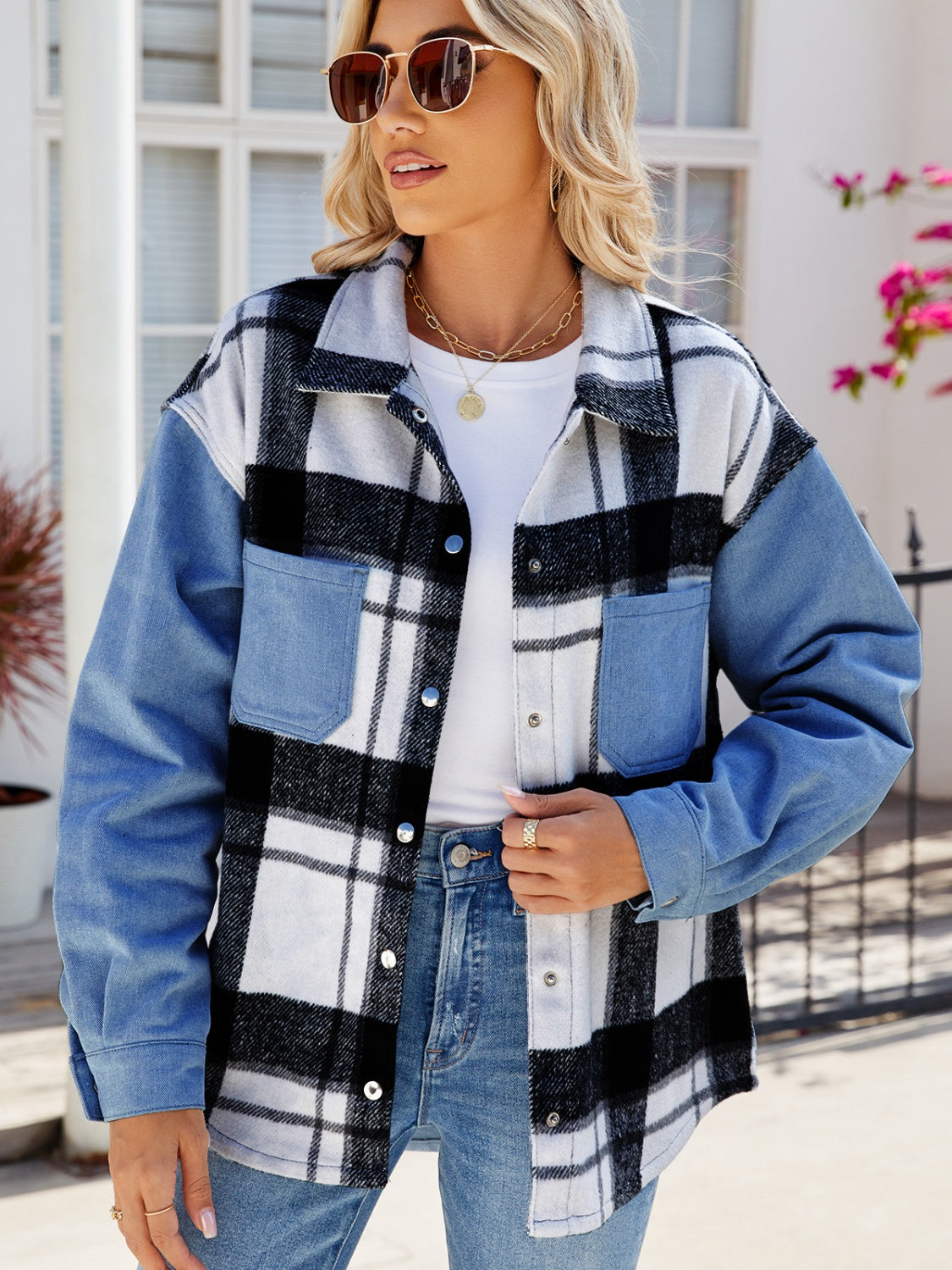 Pocketed Plaid Snap Down Denim Jacket - Sydney So Sweet