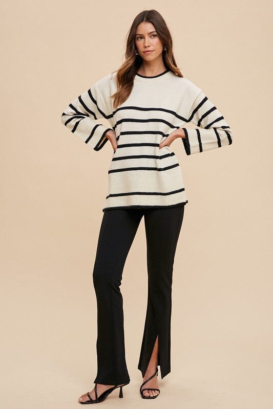 Annie Wear Side Slit Striped Round Neck Sweater - Sydney So Sweet