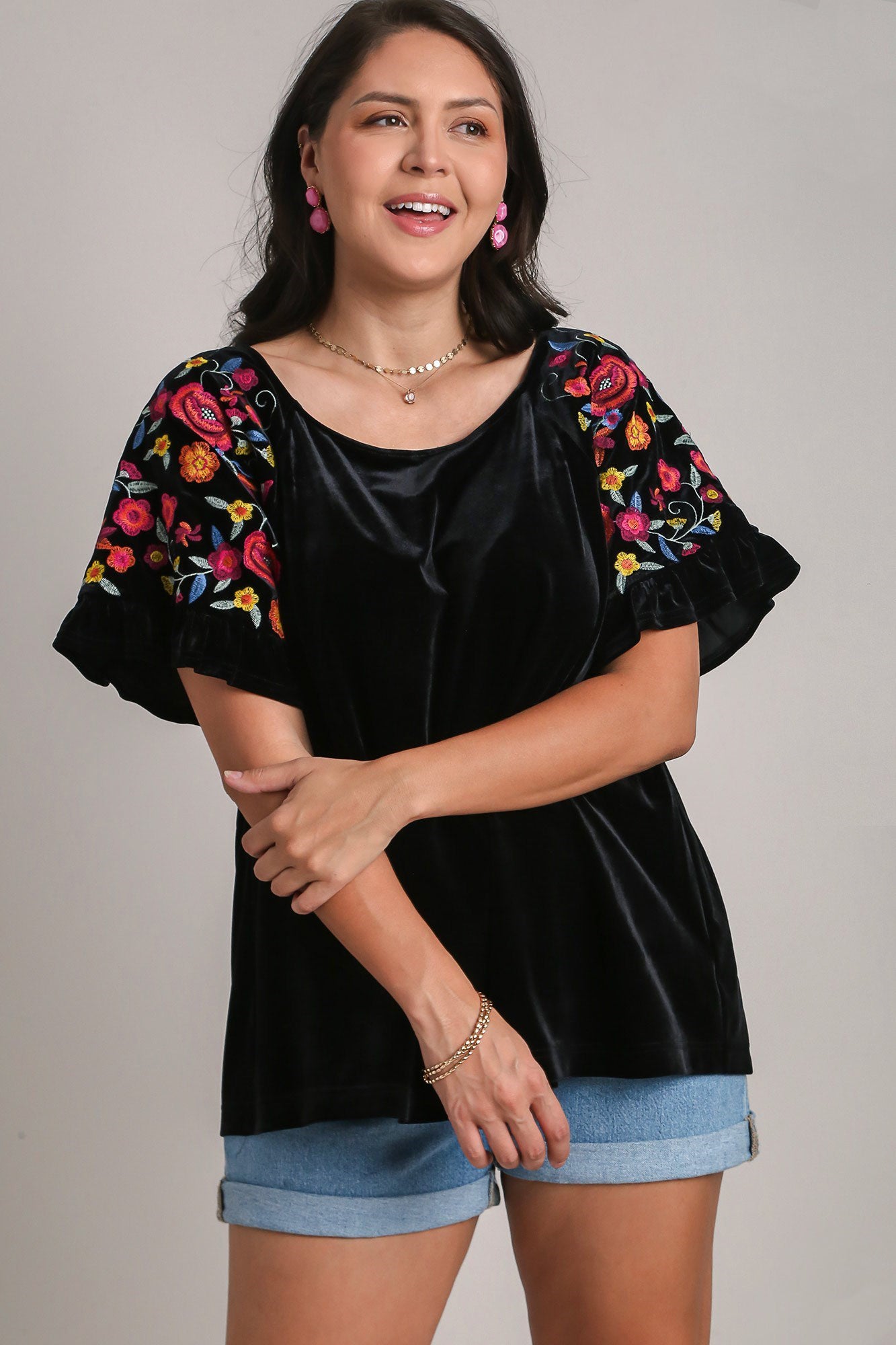 Umgee Full Size Velvet Embroidery Short Sleeve Blouse - Sydney So Sweet