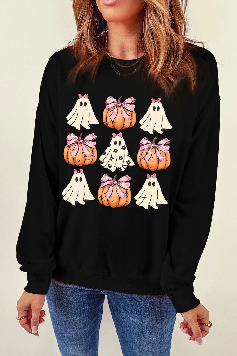 Pumpkin &amp; Ghost Round Neck Long Sleeve Sweatshirt - Sydney So Sweet