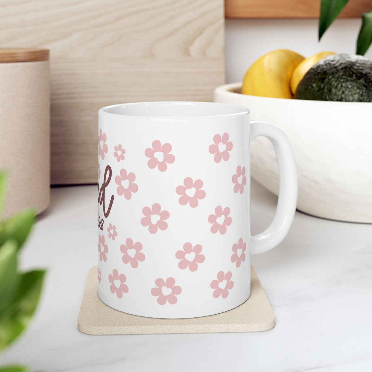 Loved Romans 5:8 Ceramic Mug — Floral Christian Inspirational Coffee Cup