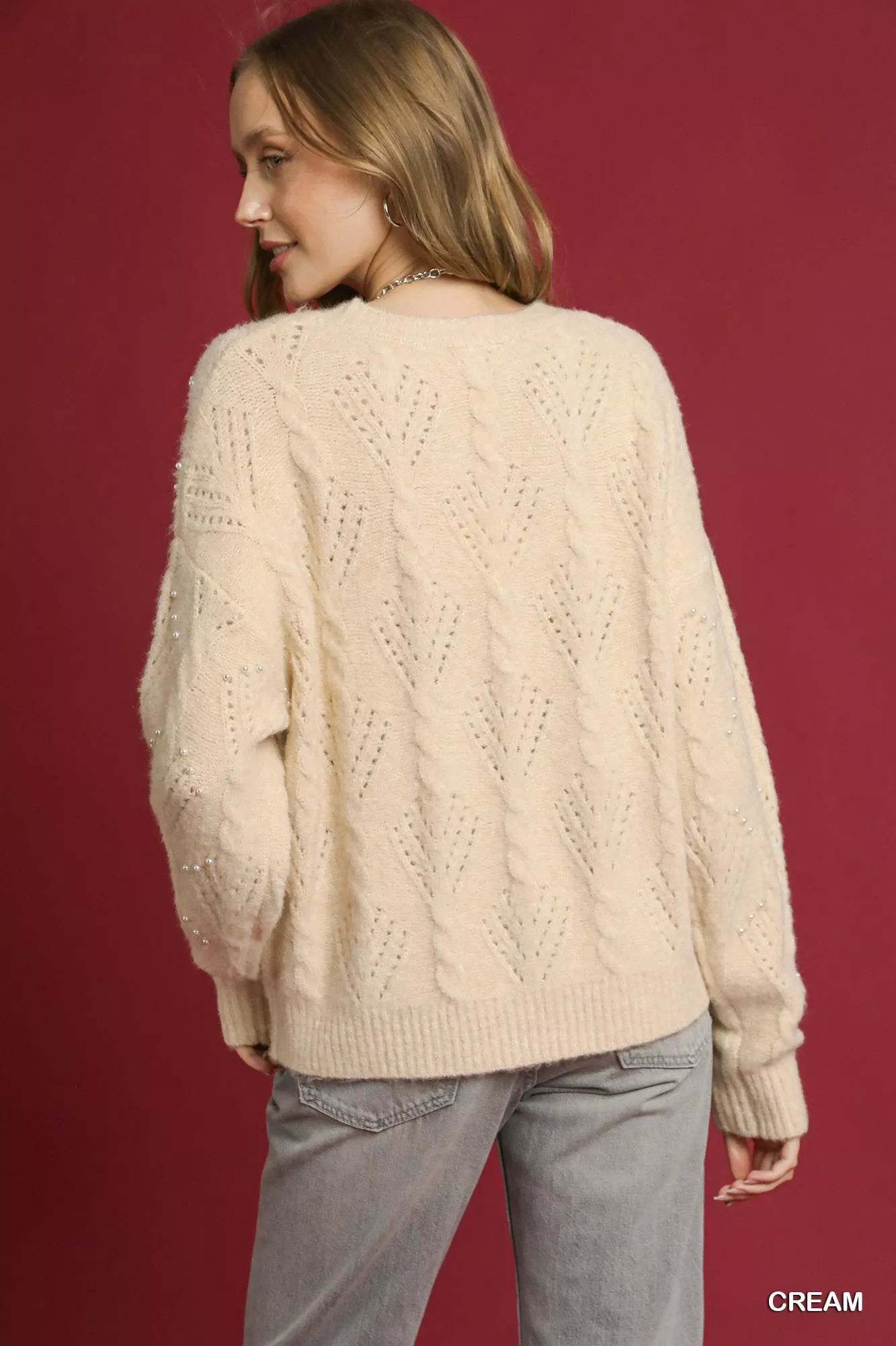 Umgee Pearl-Embellished Long Sleeve Sweater - Sydney So Sweet