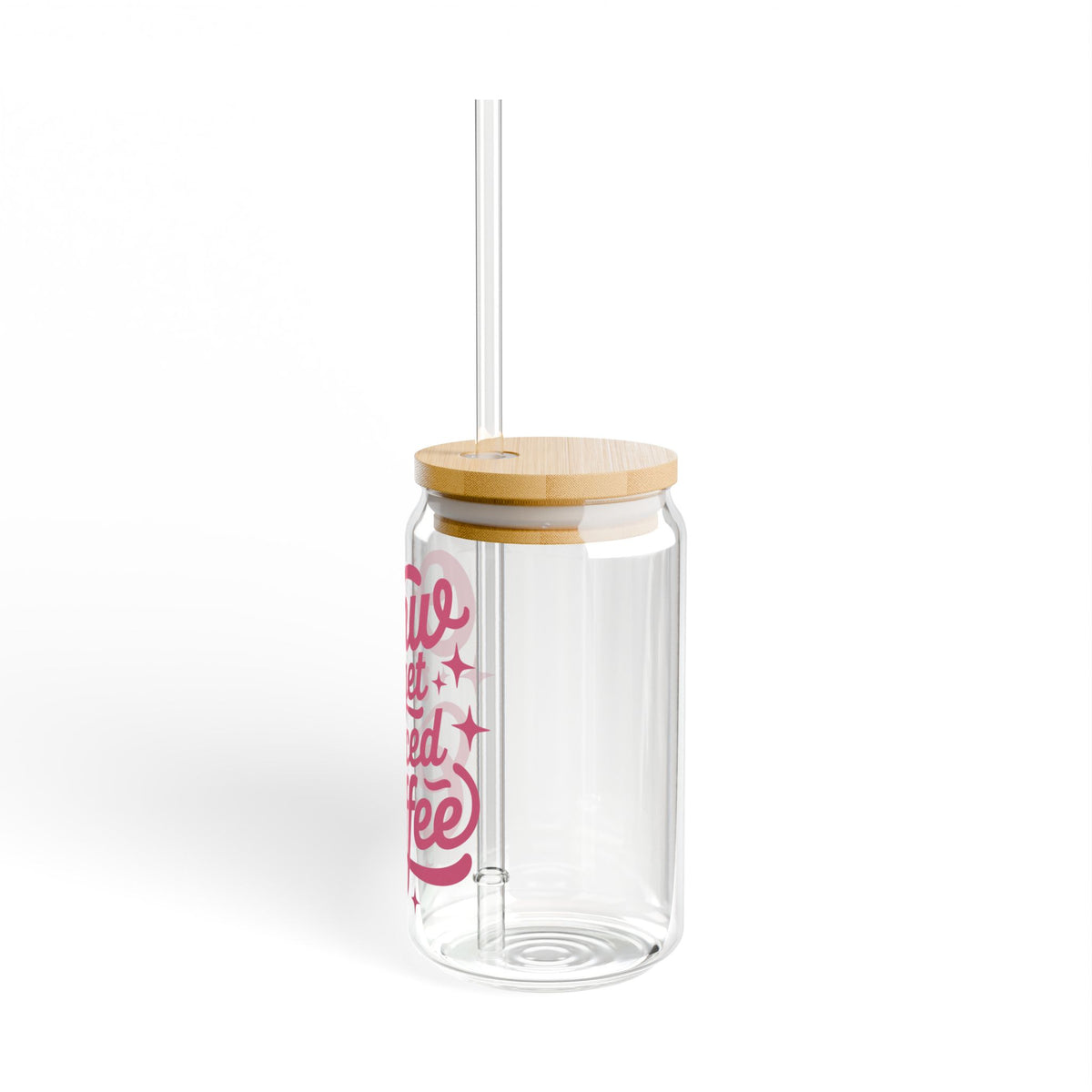 OMW to Get Iced Coffee Retro Pink Script Sipper Glass 16oz Reusable Drink Jar with Lid & Straw