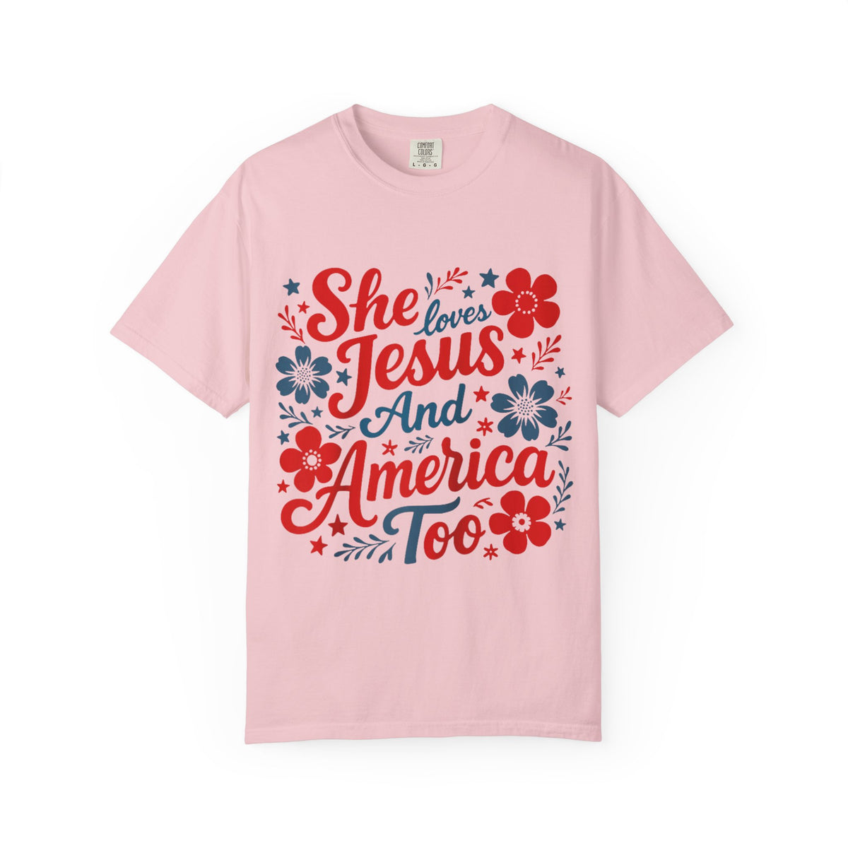 She Loves Jesus and America Too T-Shirt Patriotic Christian Graphic Tee