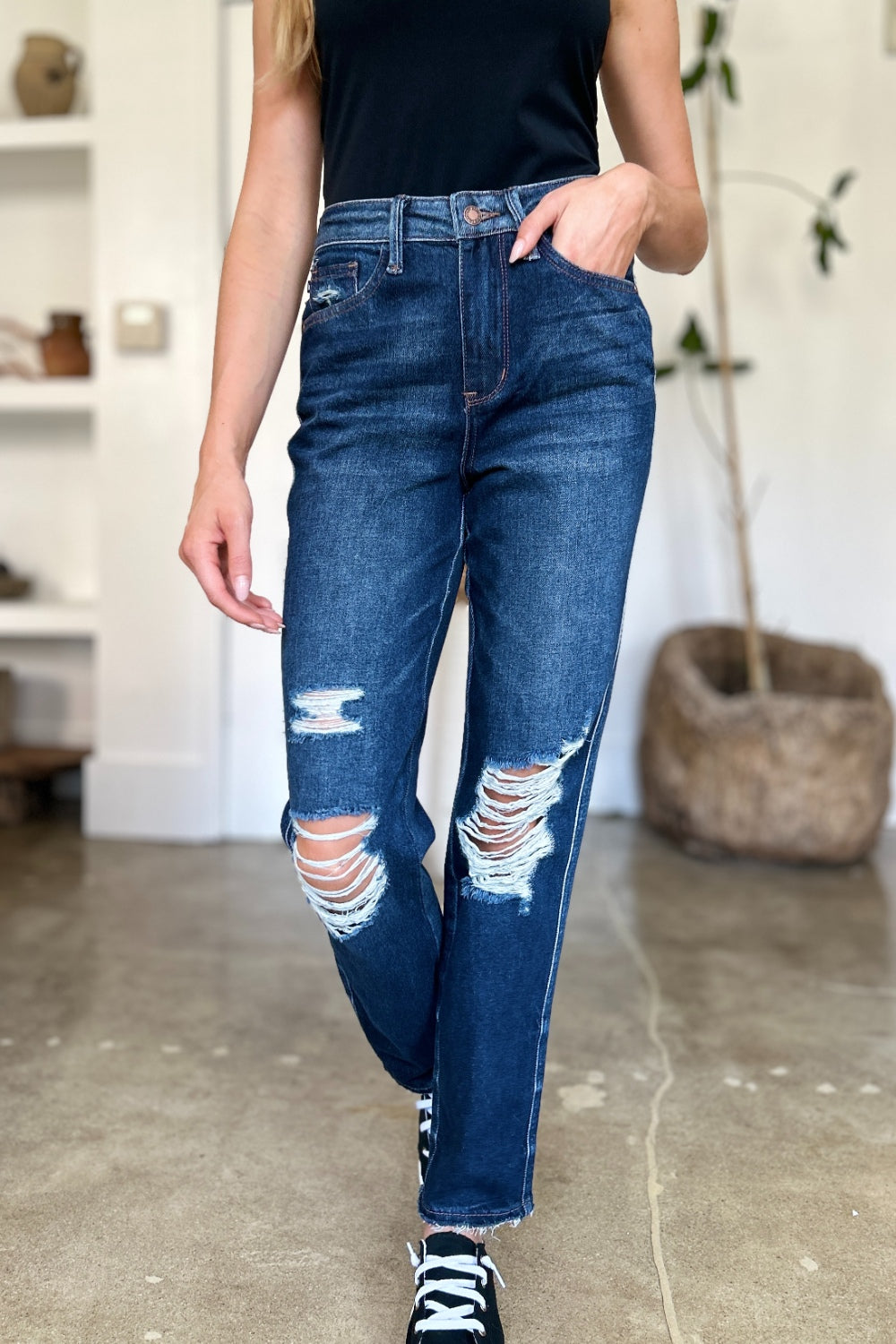 Judy Blue Full Size High Waist Rigid Magic Heavy Destroy Straight Jeans - Sydney So Sweet