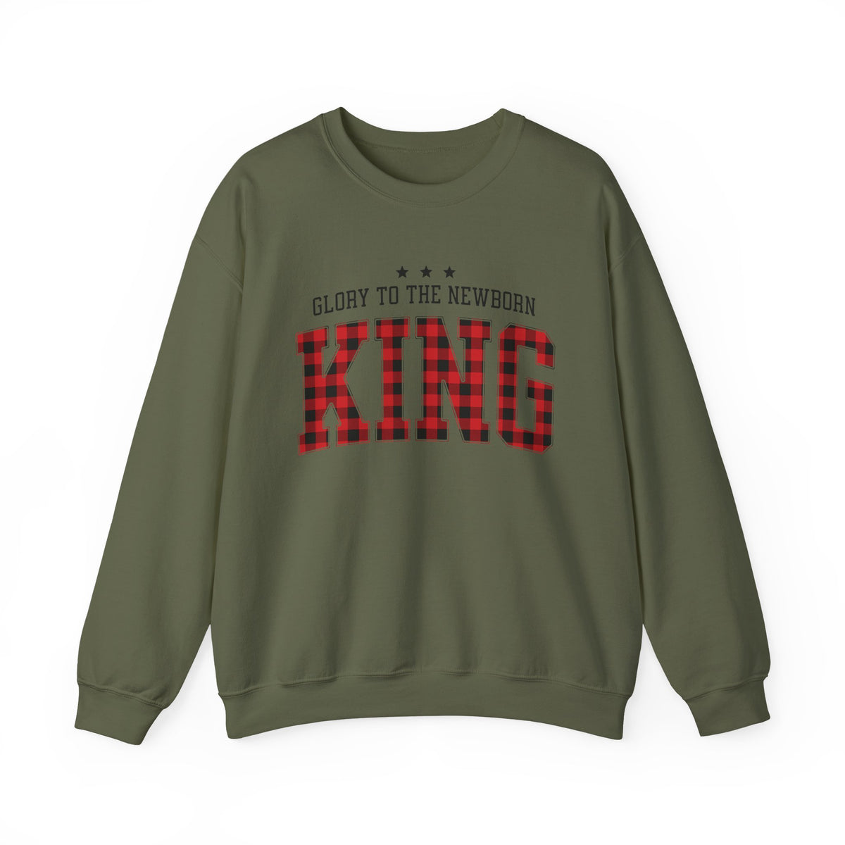 Glory to the Newborn King Christmas Season Buffalo Plaid Crewneck Unisex Sweatshirt