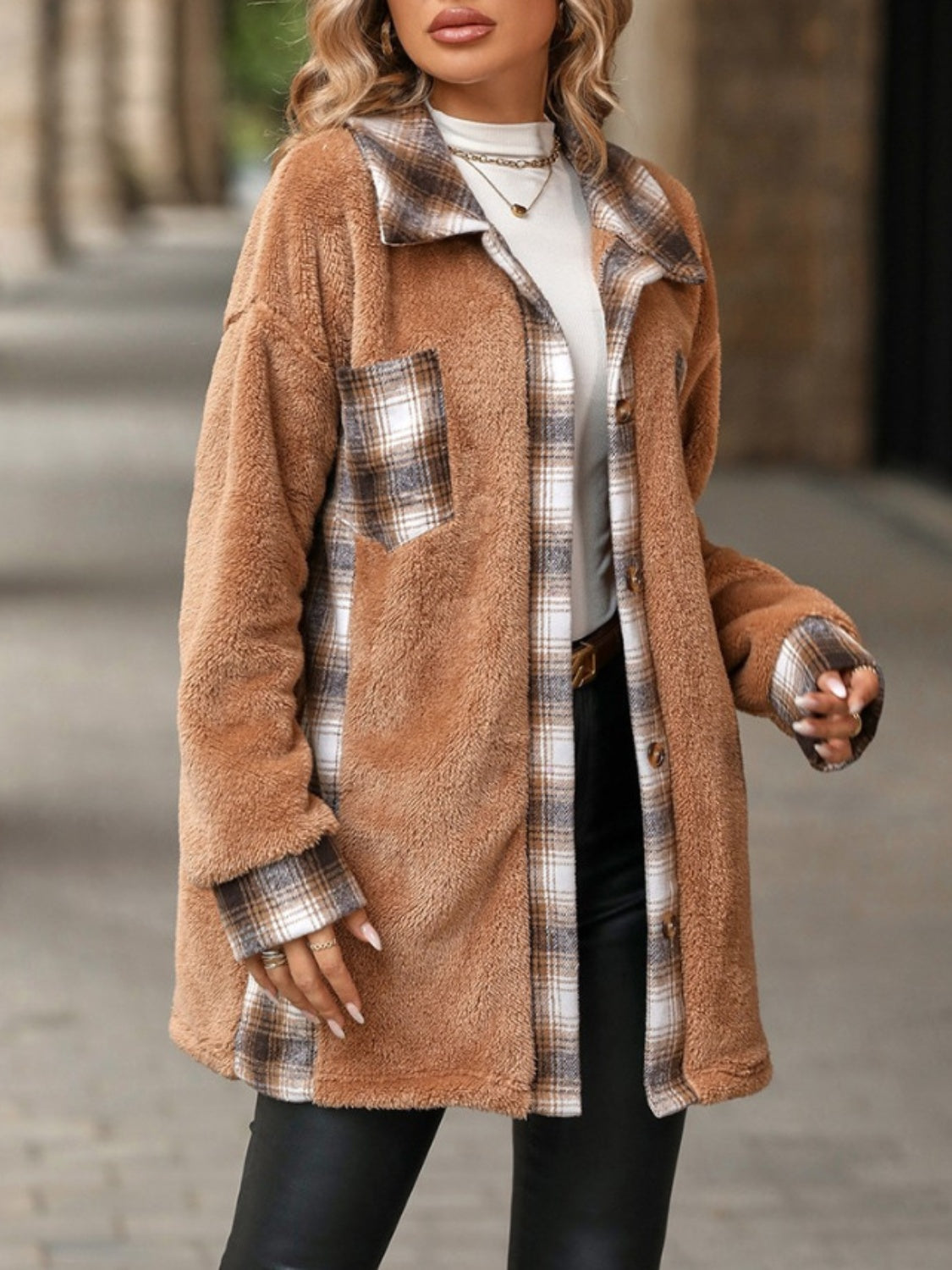 Plaid Button Up Long Sleeve Fuzzy Shacket - Sydney So Sweet