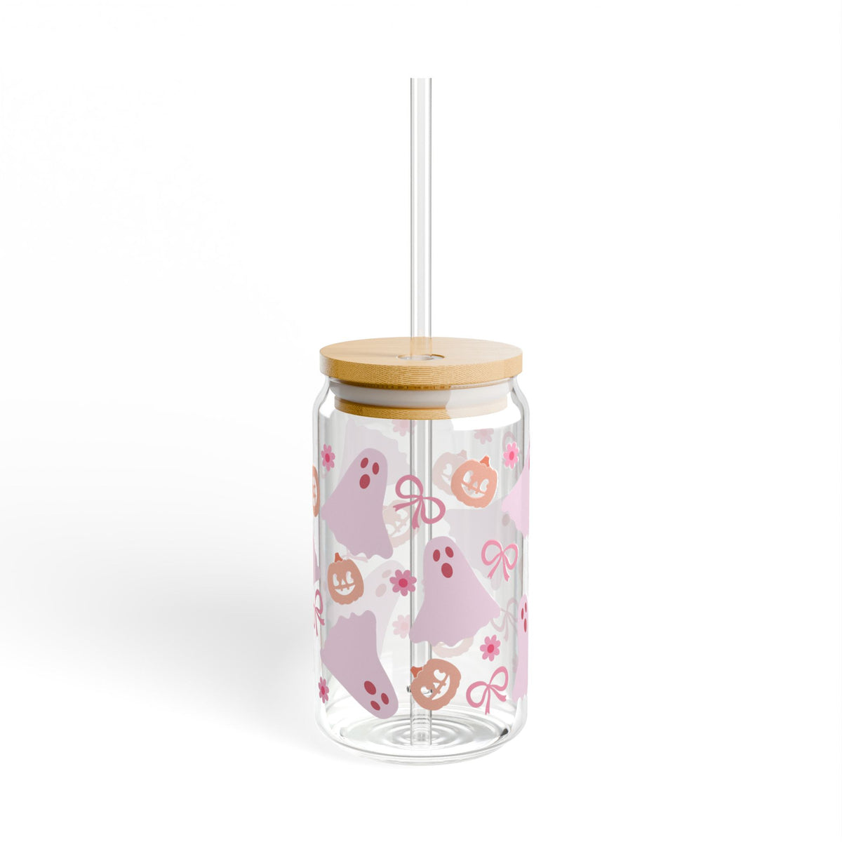 Girly Ghost Halloween Sipper Glass 16oz Reusable Drink Jar with Lid & Straw