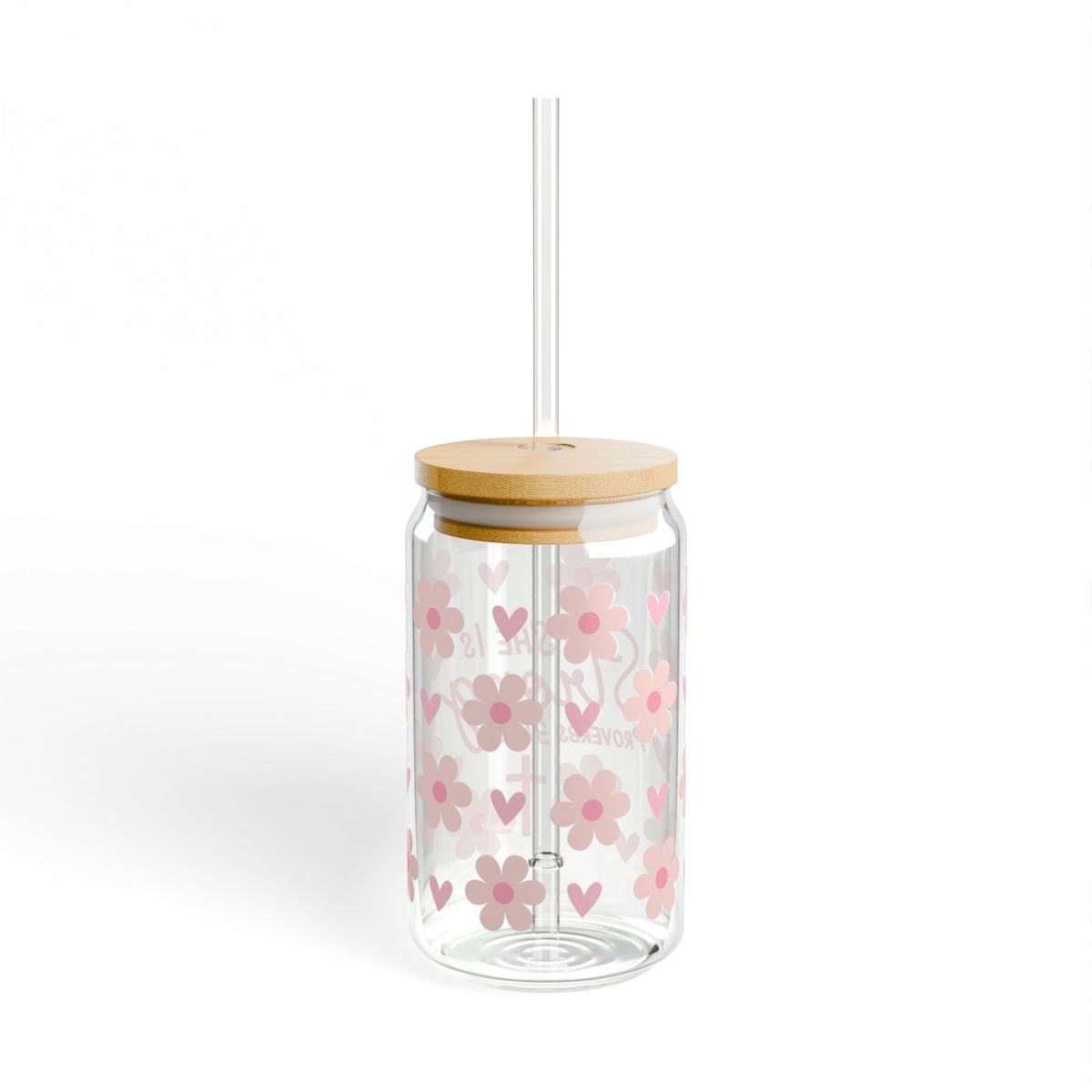 She Is Strong 16 Pink Floral Proverbs 31:25 Christian Tumbler Sipper Glass 16oz — Reusable Drink Jar with Lid & Straw
