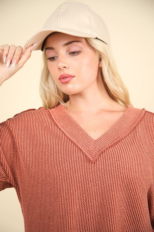 VERY J Two Tone Ribbed V-Neck Exposed Seam Top - Sydney So Sweet
