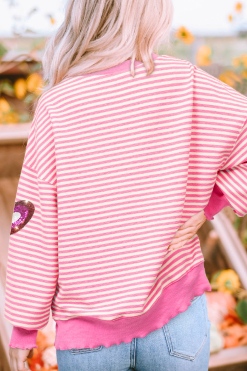 Valentine’s Day Sequin Heart Striped Round Neck Long Sleeve Sweatshirt - Sydney So Sweet