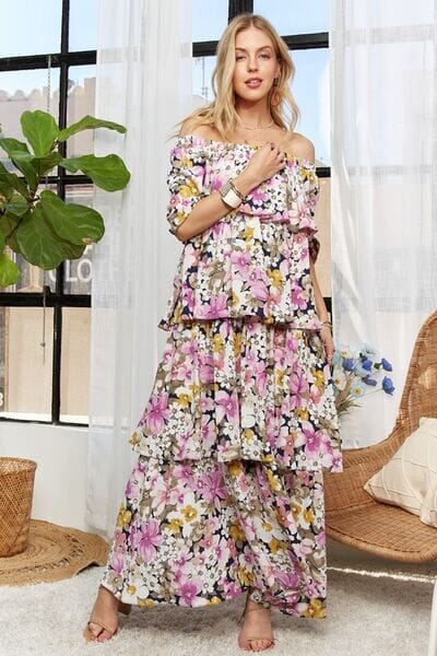 ADORA Layered Floral Off-Shoulder Short Sleeve Maxi Dress - Sydney So Sweet