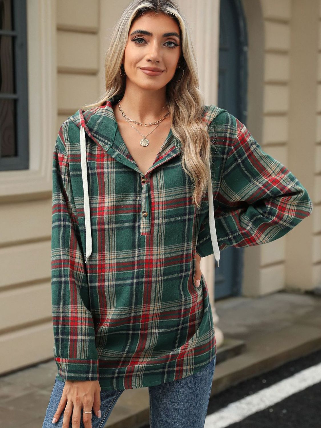 Drawstring Plaid Hooded Long Sleeve Top - Sydney So Sweet