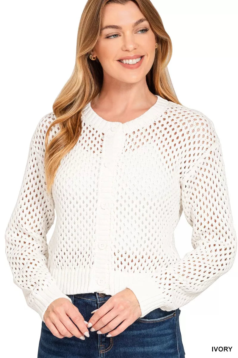 Zenana Button Down Lightweight Crochet Cardigan Sweater - Sydney So Sweet