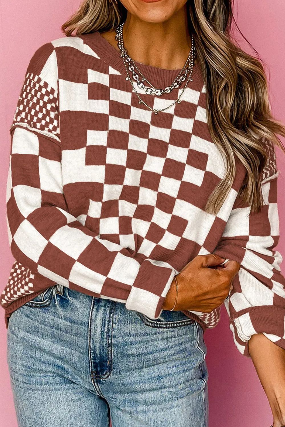 Checkered Round Neck Long Sleeve Sweater - Sydney So Sweet