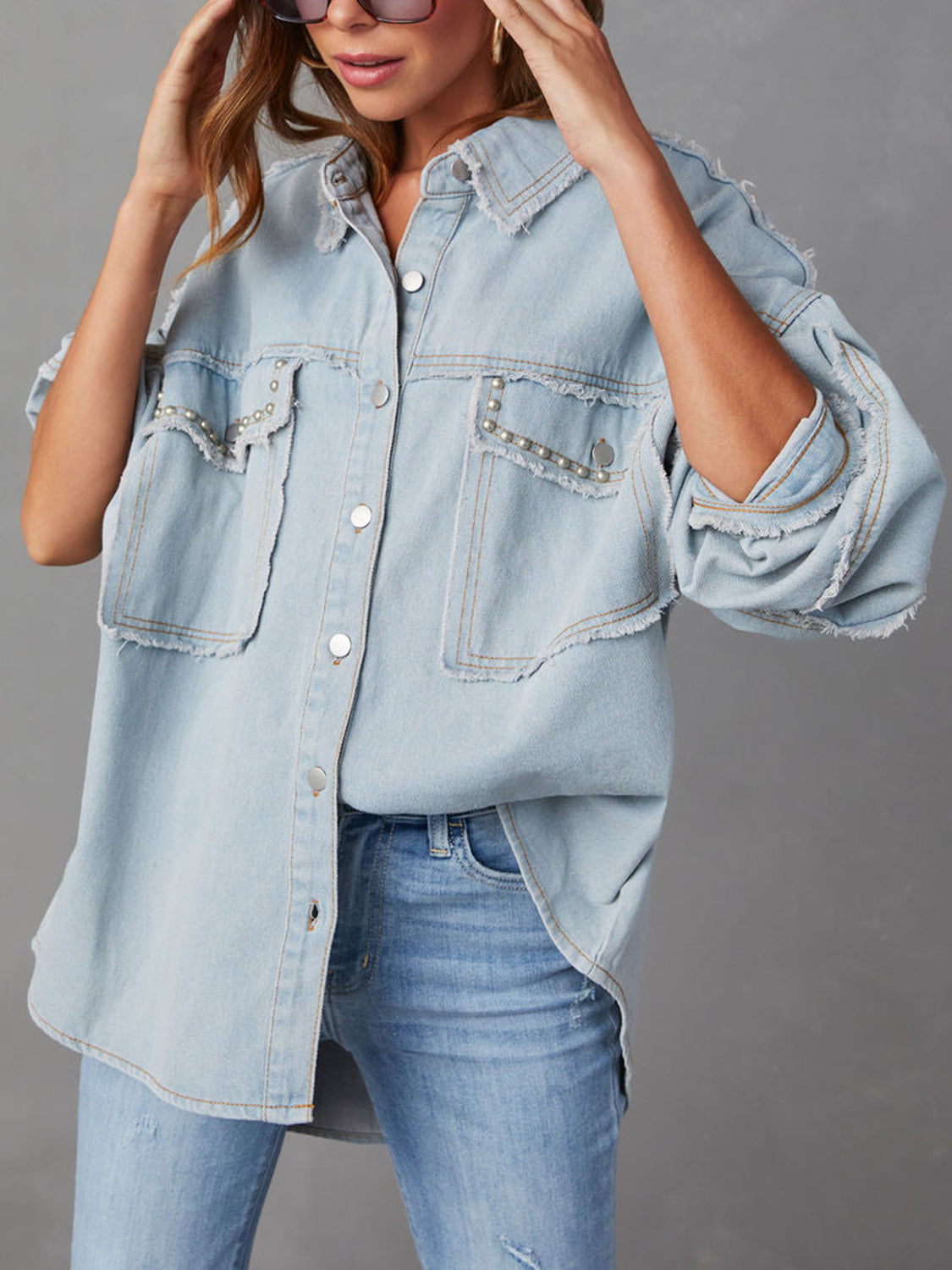 Button Down Raw Hem Denim Jacket - Sydney So Sweet