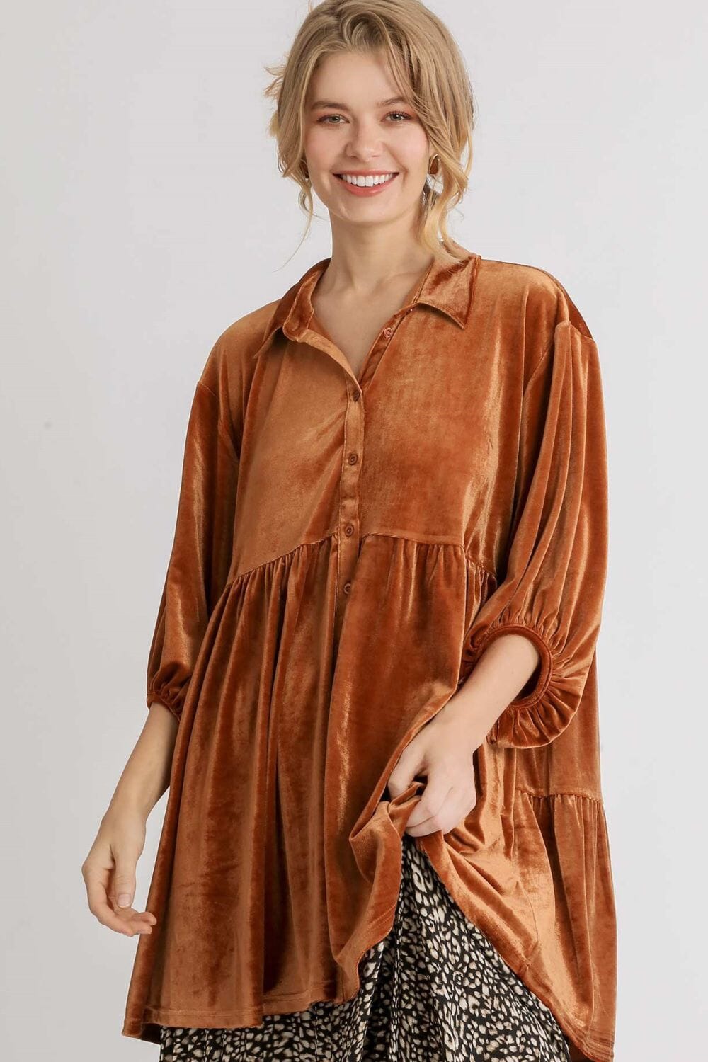 Umgee Full Size Button Down Tiered Back High Low Shirt - Sydney So Sweet