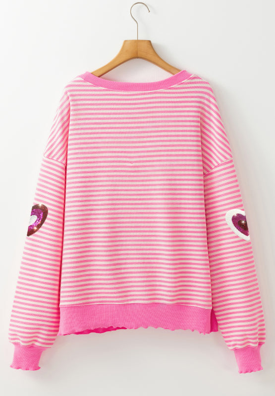 Valentine’s Day Sequin Heart Striped Round Neck Long Sleeve Sweatshirt - Sydney So Sweet