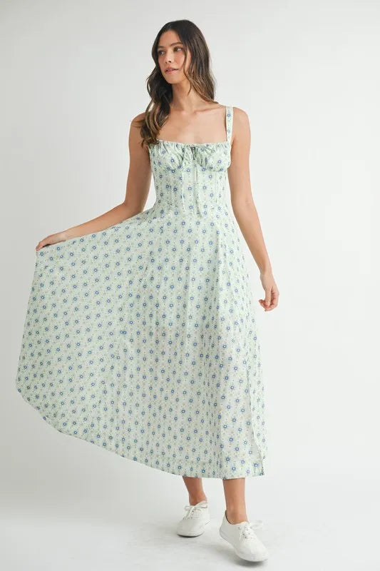 MABLE Floral Print Bustier Back Lace Up Midi Dress - Sydney So Sweet
