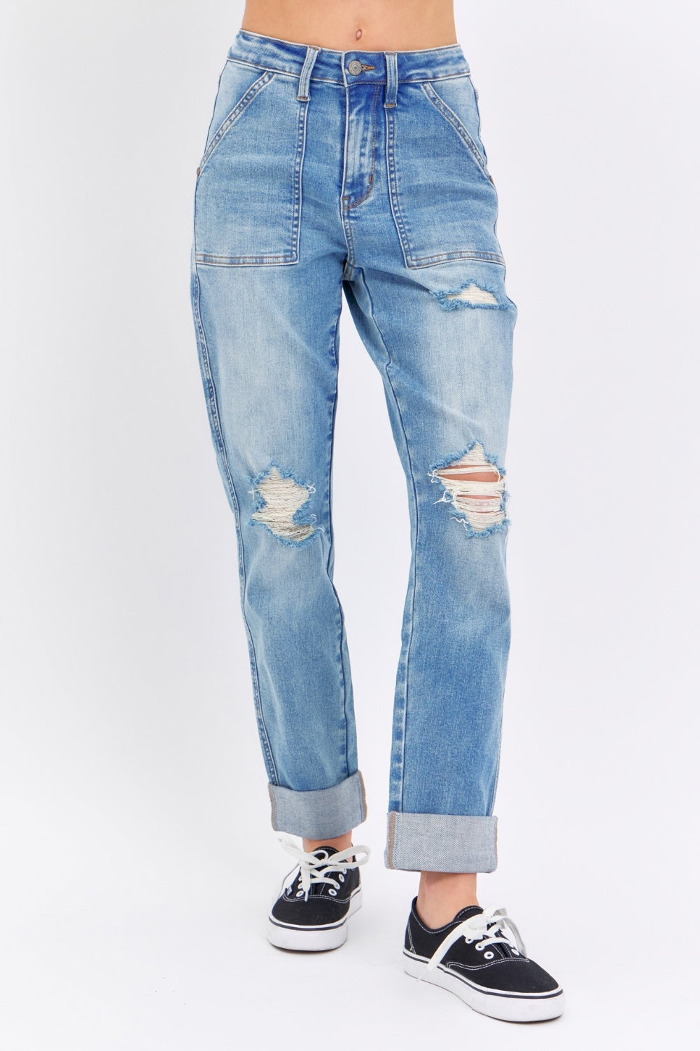 Judy Blue Full Size Distressed Straight Jeans with Patch Pockets - Sydney So Sweet