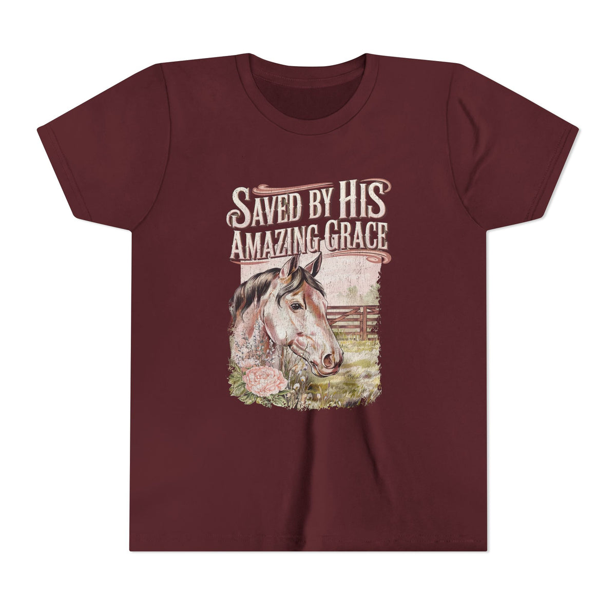 Youth Tee — "Saved By His Amazing Grace" Horse Graphic Christian Shirt